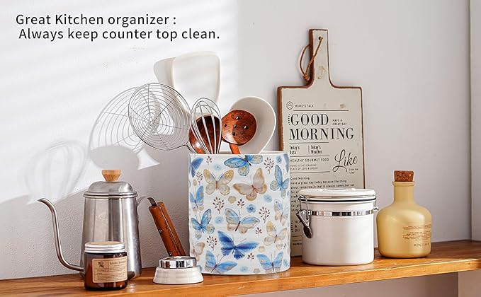 Kitchen Utensil Holder,7.2″Extra Large Stable Pattern Ceramic Utensil Crock,Utensil Organizer for Countertop,Kitchen Decor,Utensil Holder for Housewarming,Wedding Gift (Butterfly)
