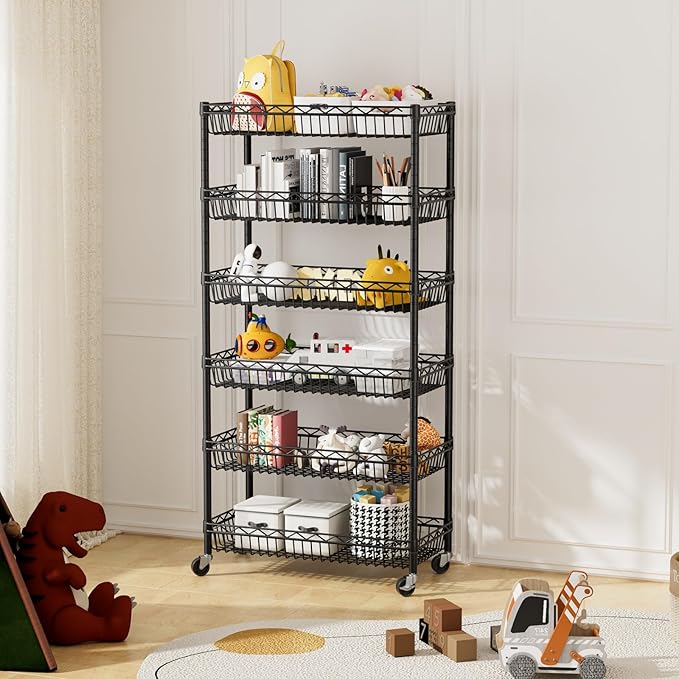 6 Shelves Storage Shelf Wire Closet Bathroom Organizers Metal Pantry Kitchen Garage Shelving Unit Laundry Room Organization Home Rack Net Basket Black with Wheels 30" Dx14 Wx65 H