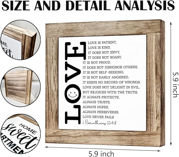 Loves Quote Wood Sign, Bible Verse Decor Art, Christian Home Decor for Living Room Bedroom, Couple Gift for Wedding Anniversary, Scripture Corinthians 13:4-8a Signs, Love is Patient Love is Kind Sign