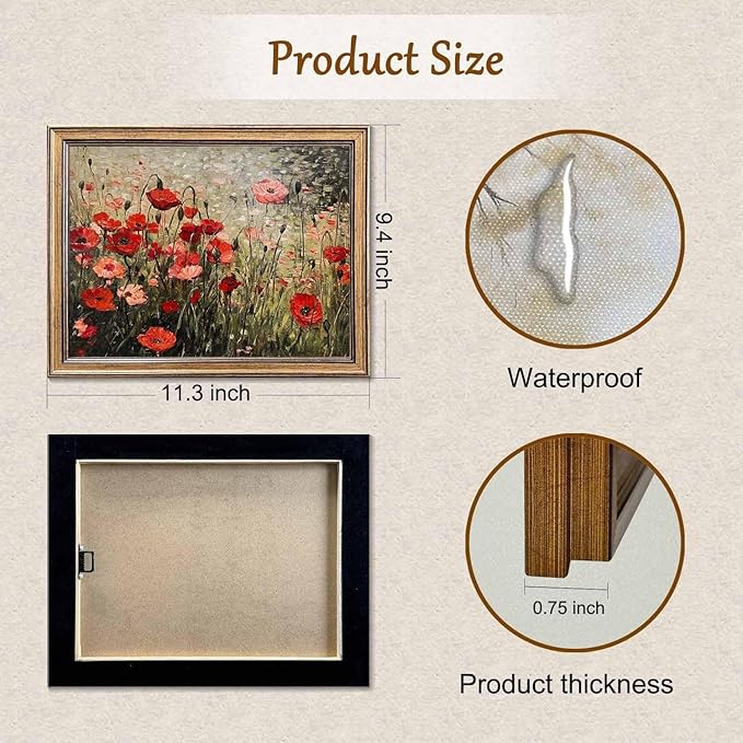 Vintage Wall Art Red Flower Painting, Framed Wall Art, Farmhouse Bedroom Kitchen Wall Art Decor (Flowers, 10L x 8W)