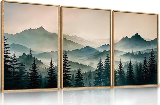 HPNIUB Large Green Mountain Framed Canvas Wall Art,Foggy Forest Wall Decor,Modern Watercolor Boho Pine Tree Wall Painting,Nature Mountains Landscape Art Print for Living Room,Bedroom,Office-16 x24 x3
