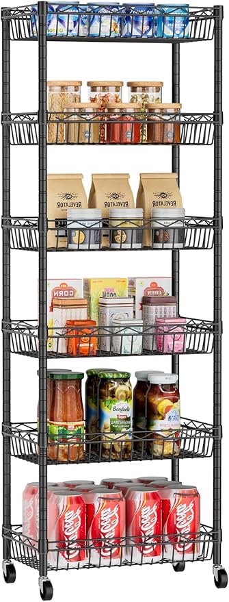 6 Tier Basket Shelf Wire Shelving Unit Adjustable Storage Shelves Big Basket Rack for Garage Kitchen Office Pantry Corner 17.2" Dx12.2 Wx63 H Black
