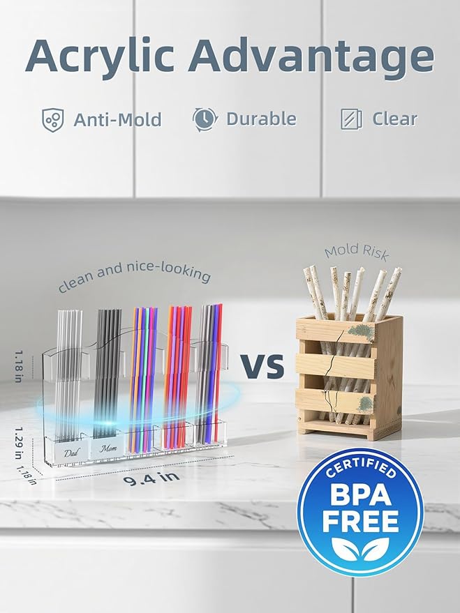 9.8" Acrylic Straw Holder for Cabinet Door - 5-Compartment Organizer with Ultra-Sticky Adhesive, Storage for Reusable Straws and Brushes, Kitchen & RV Essensials