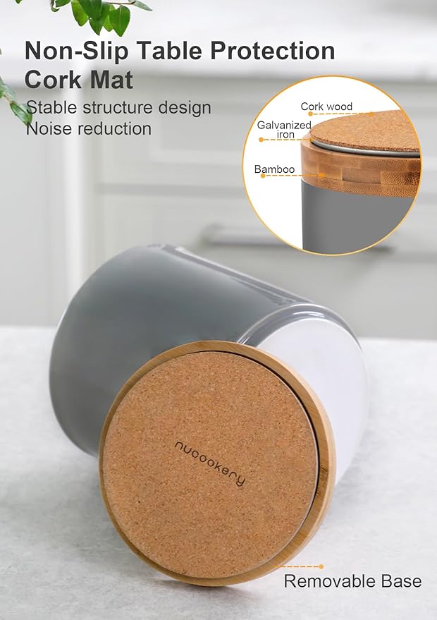 Nucookery 360° Rotating Utensil Holder, 7.2" Large Utensil Crock, White Ceramic Cooking Utensil Organizer with Countertop-Protection Cork Bottom for Farmhouse Kitchen Decor Gift (Gray)