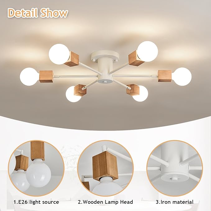 Boho 6-Light Sputnik Chandelier Semi Flush Mount Ceiling Light Fixture Farmhouse Wood and White Ceiling Lamp for Dining Room Living Room Bedroom Kitchen