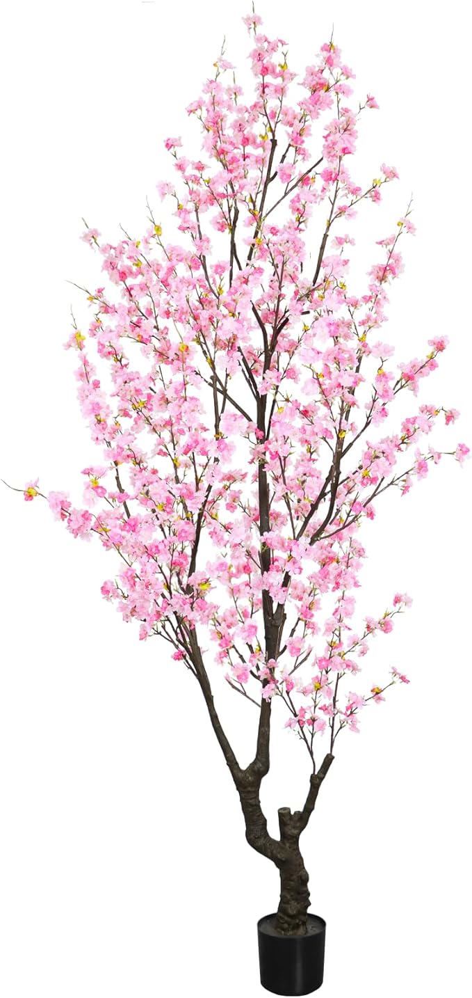 Faux Pink Cherry Blossom Tree 8ft(96in) Tall Artificial Plant Indoor Decor Handmade Natural Sakura Tree for Wedding Realistic Cherry Plant in Pot for Home Living Room,Office,Outdoor Decor.