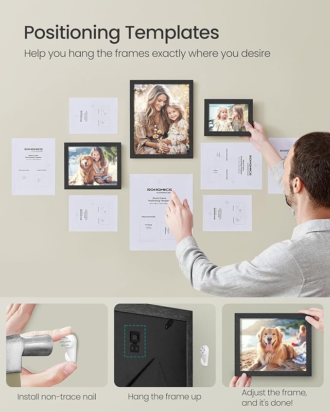 SONGMICS Picture Frames, Collage Picture Frames Set of 10, Two 11x14, Four 8x10, Four 5x7, Photo Frame for Wall Gallery Decor, Table Display, Glass, Ink Black URPF110B01