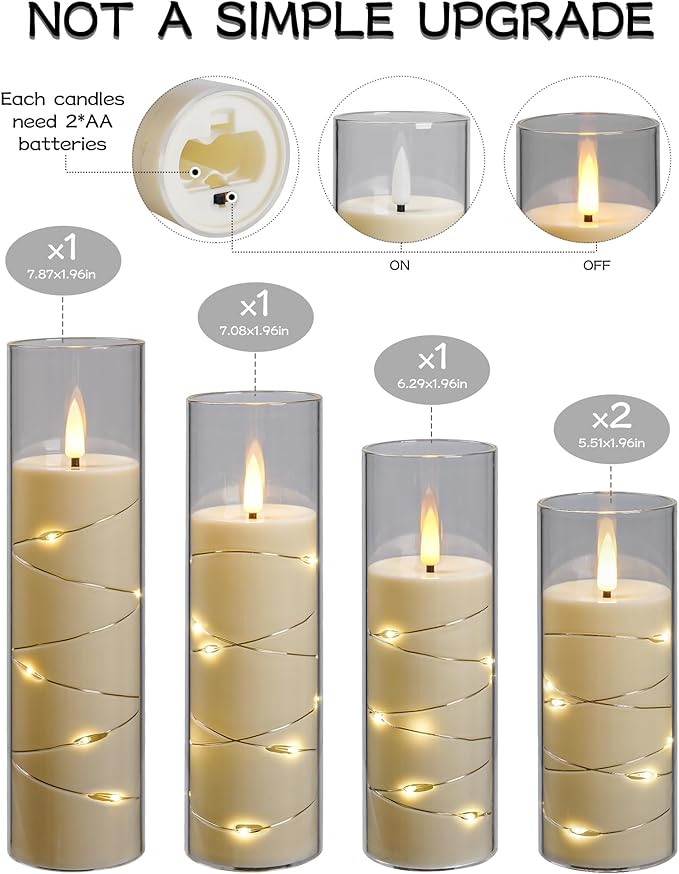 Da by Flickering Flameless Candle with Embedded Star String ，Acrylic LED Pillar Candles with 11-Key Remote Control and Timer，Battery Operated Candles, Ivory, Set of 5(D2.3×H5“/5“/ 6”/7“/8”)
