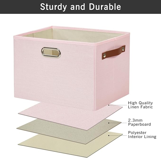 Large 3-Pack Foldable Fabric Storage Bins with Durable PU & Metal Handles, Collapsible Storage Baskets for Shelves, Home Storage, Closet Organizers, Living Room(14.9"x9.8"x9.8", Pink)
