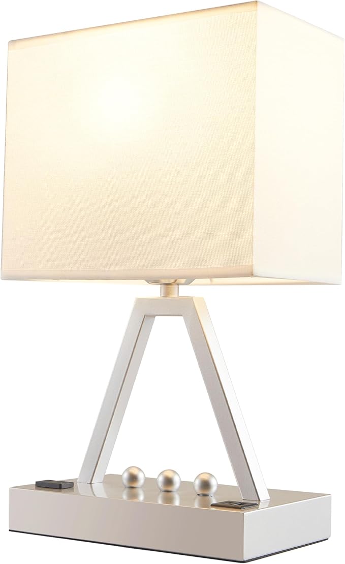 Briever Touch Control Table Lamp, 3-Way Dimmable Desk Lamp with USB C & A and AC Outlet, Bedside Lamp with Phone Stand and Fabric Shade for Bedroom, Living Room, Bulb Included, Silver