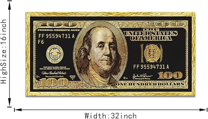 Golden Dollar Wall Painting Giclee Canvas Artwork 100 Dollar Money Poster and Print Creative 100 Bill Art Print Modern Home Decor Painting HD Print for Living Room Bedroom Frame Easy to Hang-32"Wx16"H