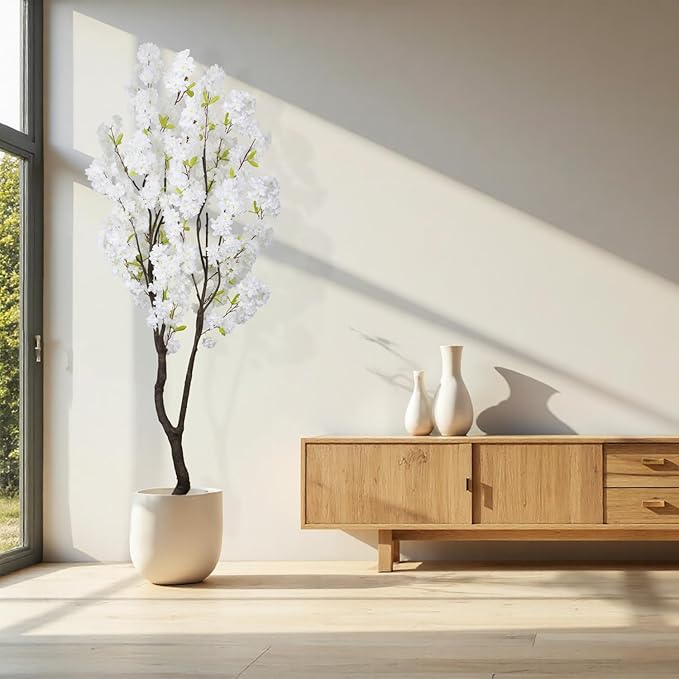 Faux White Cherry Blossom Tree 6.5ft(84in)Tall Artificial Plant Indoor Decor Handmade Natural Fake White Flower Tree for Wedding Realistic Cherry Plant in Pot for Home Living Room,Office Decor.