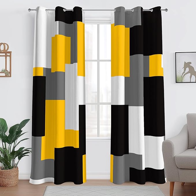 Yellow 100% Blackout Curtains for Bedroom 96 inch Length 2 Panels Set White Grey Modern Abstract Geometric Black Out Curtains Insulated Room Darkening Window Drapes for Living Room, 42Wx96L