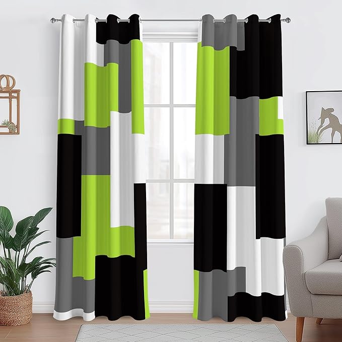 Lime Green 100% Blackout Curtains for Bedroom 63 inch Length 2 Panels Set Light Fresh Modern Abstract Geometric Black Out Curtains Insulated Room Darkening Window Drapes for Living Room, 52Wx63L