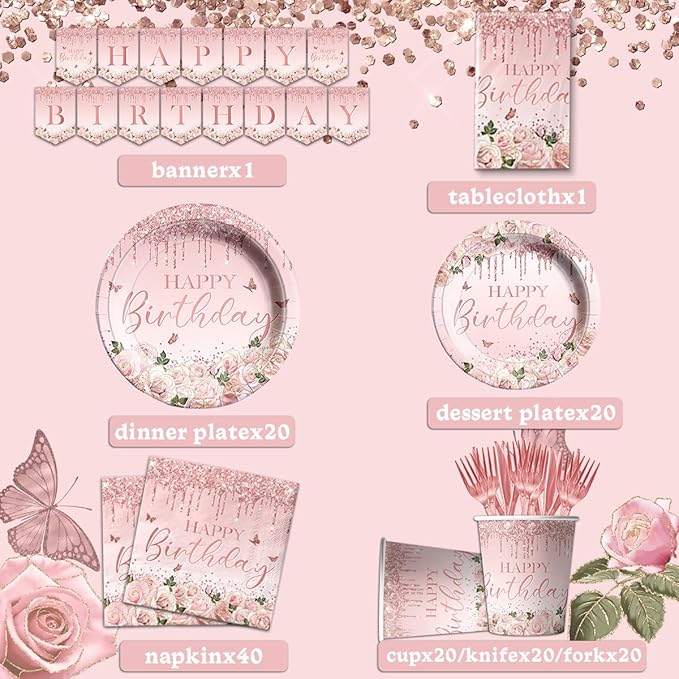 142Pcs Pink Rose Gold Birthday Party Supplies - Pink Birthday Party Tableware Disposable Dinner Plate,Tablecloth Rose Gold Theme Birthday Party Decoration for 50th 60th 70th 80th Women or Girls