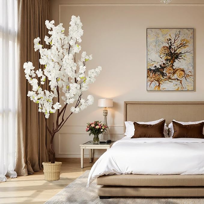 Faux White Cherry Blossom Tree 7ft(84in) Artificial Silk White Flower Tree Lifelike Large Fake Floral Tree for Wedding Realistic Elegant Cherry Sakura Plant in Pot for Home,Living Room,Office Decor