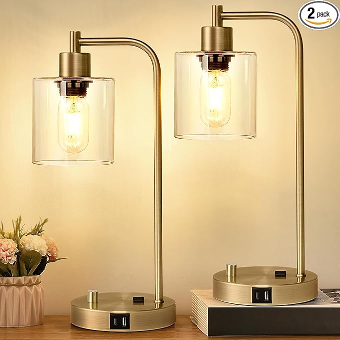 Set of 2 Industrial Table Lamps with USB C+A Ports and Outlet, Brass Fully Stepless Dimmable Bedside Lamps, Nightstand Lamps with Clear Glass Shade for Living Room Office (2 LED Bulb)