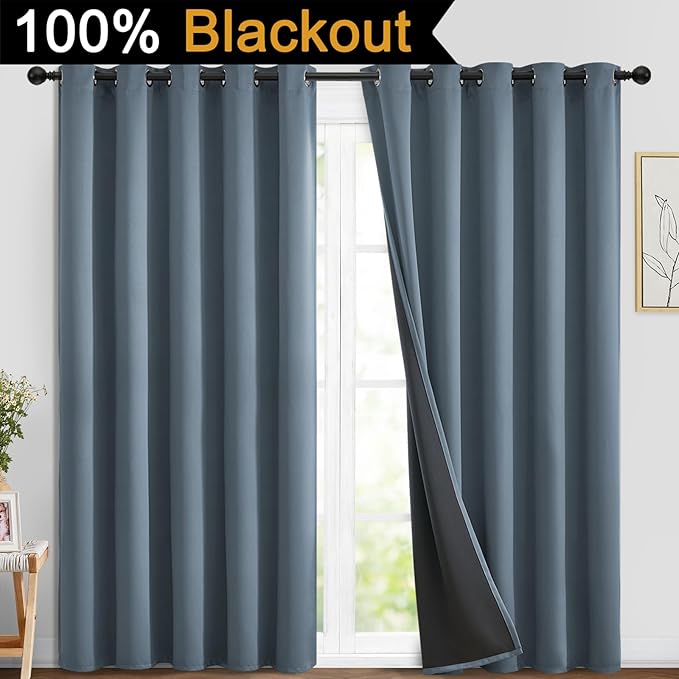 Yakamok 100% Blackout Lined Panels, Room Darkening Thermal Insulated Blackout Curtains for Bedroom, Heat Blocking Drapes for Living Room(70Wx84L, Stone Blue, 2 Panels)