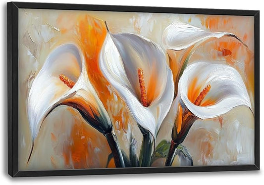 Calla Lily Framed Wall Art for Living Room, Large Calla Flower Canvas Wall Decor, White Florals Pictures Painting, Modern Artwork for Living Room Bedroom 36L'' × 24W''
