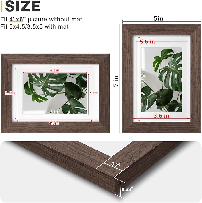 Egofine 4x6 Picture Frames Set of 4, Made of Solid Wood Covered by Plexiglass 3.5x5 with Mat or 4x6 without Mat, for Table Top Display and Wall Mounting Photo Frame Brown