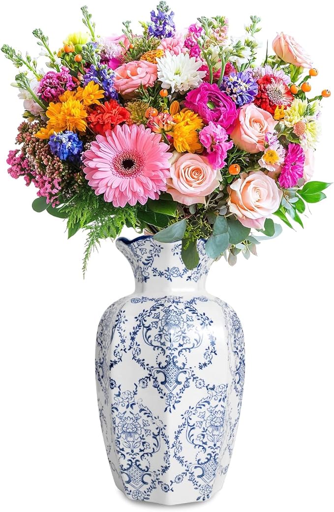 Chinoiserie Vase,Blue and White Vase,Vintage Ceramic Vases,Flower Vase for Centerpiece,Chinese Cute Vases for Living Room, Office,Home Decor (Blue White, Large)