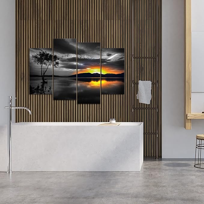 Biuteawal 4 Piece Black and White Wall Art Golden Sunset on Lake Picture Painting Lonely Tree Photo Print on Canvas Nature Landscape Poster Living Room Bedroom Decor Framed Ready to Hang