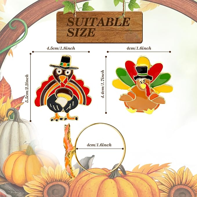 KPOSIYA Thanksgiving Napkin Rings Set of 12， Turkey Napkin Rings Vintage Alloy Fall Napkin Holders for Holiday Dinner Parties, Weddings, Family Gatherings