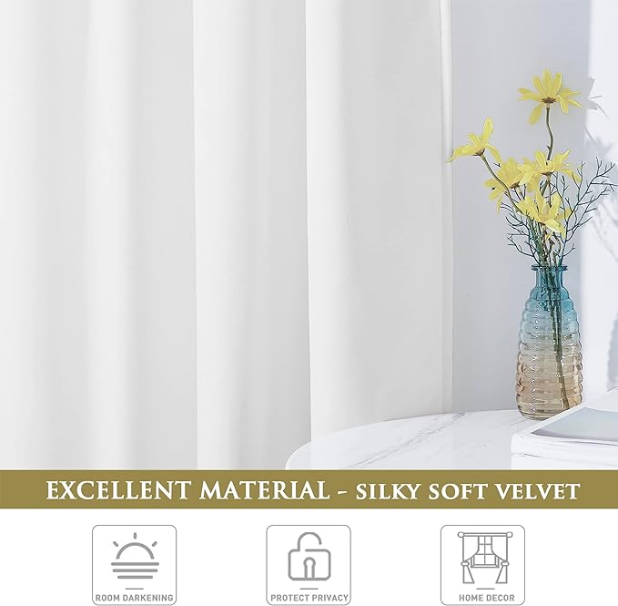 StangH White Velvet Curtains for Bedroom, Super Soft Elegant Home Decor Light Dimming Privacy Protect Window Drapes for Nursery Kids/Dining Room/Patio, W52 x L84, 2 Panels