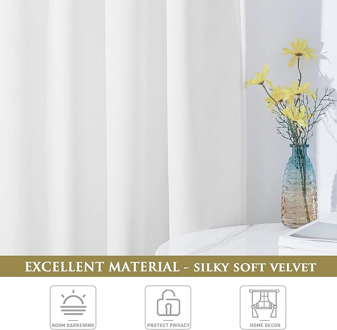 StangH White Curtains for Bedroom - 120 inch Super Soft Velvet Window Drapes for Sliding Glass Door, High Ceiling Tall Privacy Panels for Living Room/Church, W52 x L120, 2 Panels