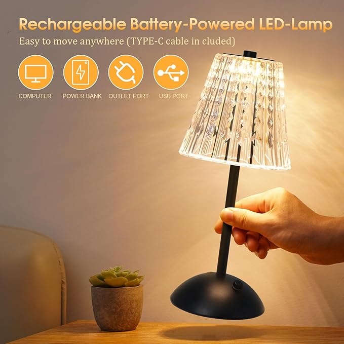 Cordless Touch Table Lamp, 3500mAh Rechargeable Small Dask Lamp, 3 Colors Dimmable Battery Operated Crysta Lamp for Bedroom Restaurant Kitchen Home Decor, Black, 2pcs