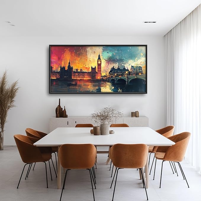 London Big Ben Framed Wall Art for Living Room, Large Cityscape Canvas Wall Decor, Bridge Pictures Painting, Natural Landscape Modern Artwork for Bathroom Bedroom 60L'' × 30W''