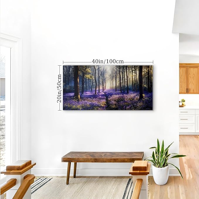 crmotu Purple Landscape Wall Art, Lavender Flower Field Large Artwork, Nature Forest Scenery Canvas Art Prints, Modern Pictures wall Decor Living Room Bedroom, Rustic Farmhouse Decor 20X40 Inches