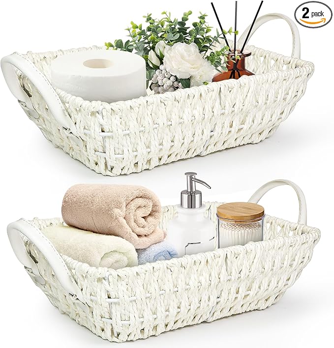 Paper Rope Woven Toilet Paper Basket, Small Wicker Storage Baskets for Organizing with Handles, Bedroom Decor Baskets Toilet Tank Shelf Storage Bins (Set of 2, White)
