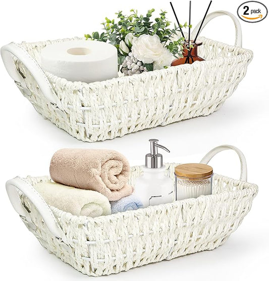 Paper Rope Woven Toilet Paper Basket, Small Wicker Storage Baskets for Organizing with Handles, Bedroom Decor Baskets Toilet Tank Shelf Storage Bins (Set of 2, White)