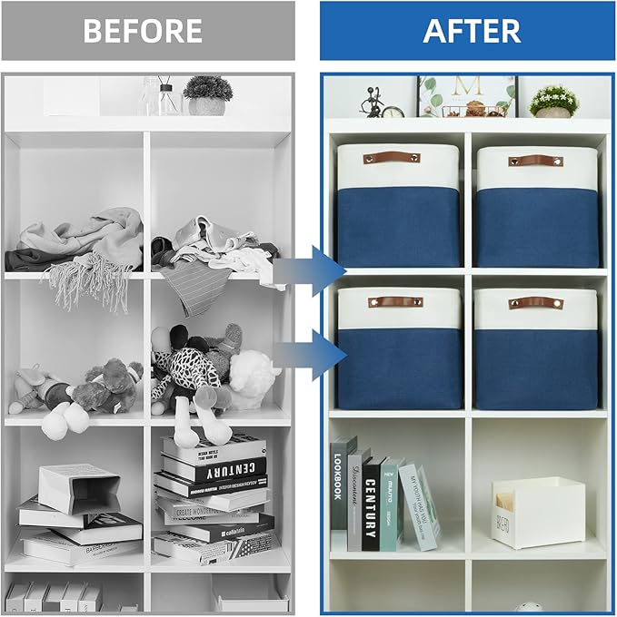Temary Fabric Storage Cubes 4Pack Blue Fabric Storage Baskets 12 Inch Cube Storage Bins with Handles for Organizing Closet (White&Blue)