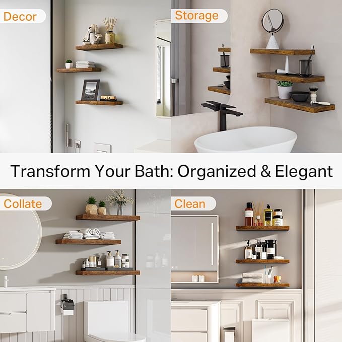 BAYKA Floating Shelves Bathroom for Wall – Shelf Over Toilet Farmhouse Rustic Wood for Bedroom, Kitchen, or Living Room Decor Organization, Fall Bathroom Decor Shelves – Rustic Brown, Set of 3