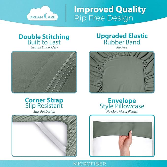 DREAMCARE Full Size Sheets Set - 6 Pcs Deep Pocket Cooling Bed Sheets - Soft, Long Lasting 100% Brushed Microfiber with Side Pocket (Sage Green, Full)