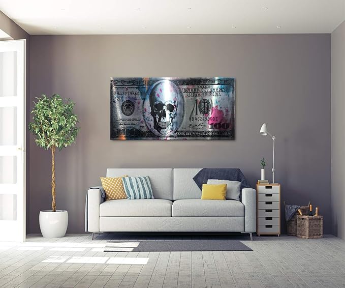 Vintage Artwork for Home Walls Large 100 Dollar Skull Wall Art Black & White Kitchen Pictures Modern Home Decor HD Print Inspirational Framed Art for Bathroom Rest Room Bar Office Wall Decor-40"Wx20"H