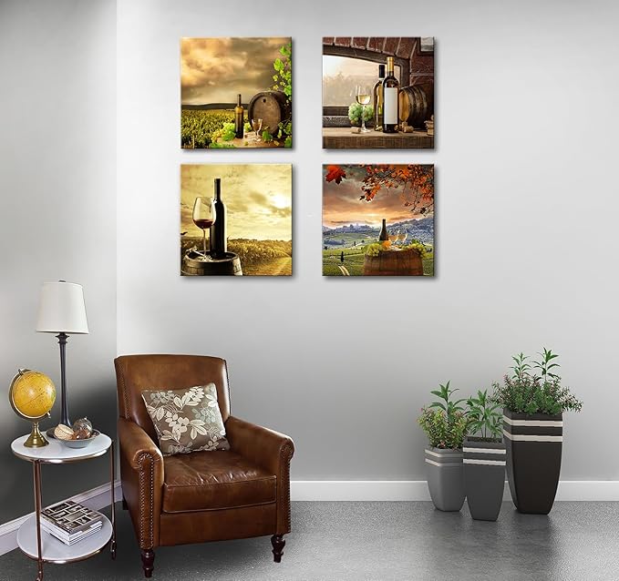 Kitchen Wall Decor Canvas Art for Dining Room, Farmhouse Rustic Paintings Vintage Fruit Red Wine Pictures Realism Colorful Artwork Prints for Bar Living Room Decoration - 12"x12"x4 Pcs