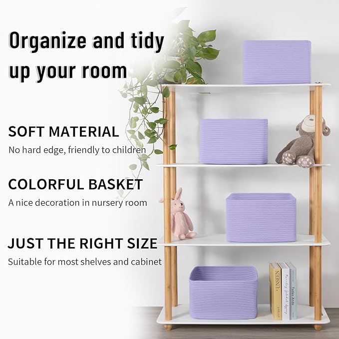 4 Pack Storage Baskets for Organizing Toys, Towels, and Clothes, Woven Basket for Shelves, Sturdy Nursery Cube Bins for Storage, 13''L x9''W x7.8''H, Purple