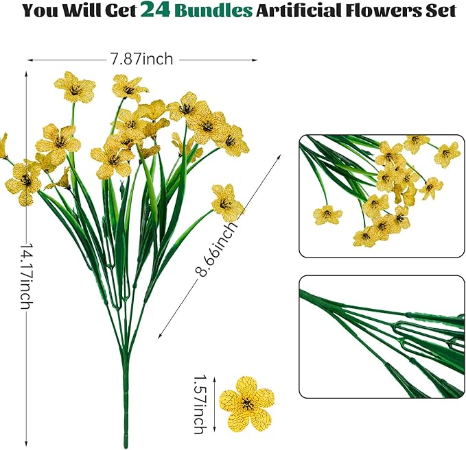 Lnoicy 24 Pcs Artificial Flowers for Outdoor,Plastic Flowers Decoration, UV Resistant Faux Flowers Shrubs, Artificial Plants for Indoor Outside Garden Home Wedding Farmhouse(Yellow)