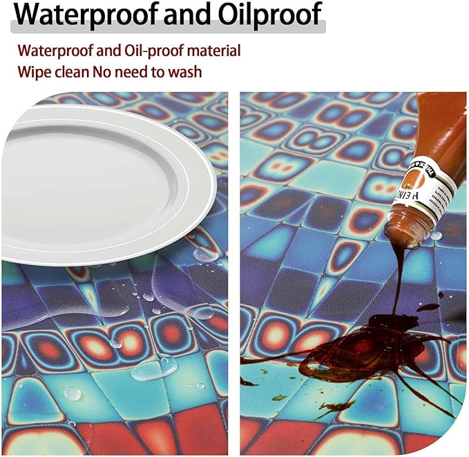 Boho Vinyl Round Tablecloth Waterproof Fitted Table Cloth Summer Fall Outdoor Circle Cover for 36-44" Tables Kitchen Dining Apartment Essentials Picnic Camping Party Decor Housewarming Gifts