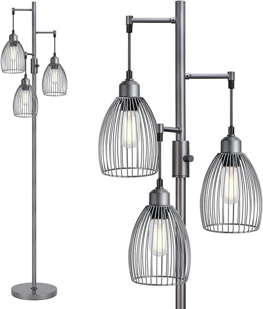 Dimmable Industrial Floor Lamps for Living Room, Gray Tree Standing Tall Lamps with 3 Elegant Teardrop Cage Head & 800 Lumens LED Bulbs for Bedroom Office