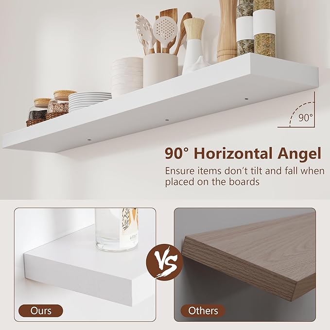 White Floating Shelves 48 Inch Set of 2, Solid Wood Wall Mounted Shelves 48 Inches Long, Modern Floating Shelves for Bedroom Living Room Bathroom - White