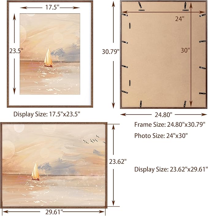 24x30 Oak Wood Picture Frame, 24"x30" Poster Frame for Wall, 24 by 30 Frame with Tempered Real Glass, 24x30 Matted Frame for 18x24 Picture, 24x30 Inch Photo Frame (Walnut Color, 1 Pack)