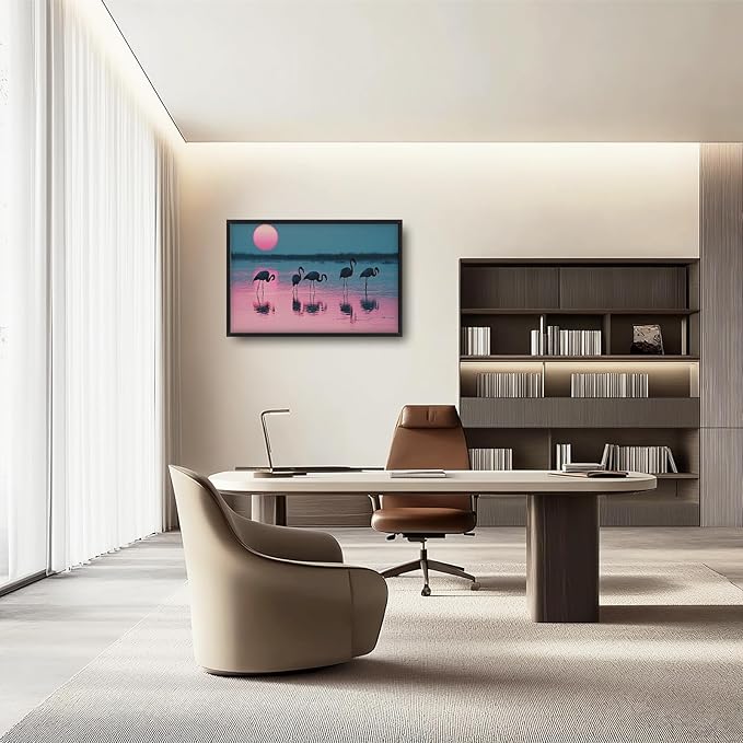 Olivine Flamingo Wall Art, Sunset Pictures Wall Decor, Beach Painting, Tropical Animal Canvas Prints, Framed Artwork for Bathroom Bedroom Living Room Office Home Decoration 36"x24"