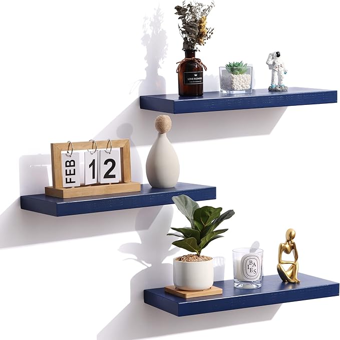 Solid Wood Floating Shelves Set of 3 - Modern Blue Shelves for Wall Decor Storage in Bedroom, Living Room, Bathroom, Kitchen - Dark Blue