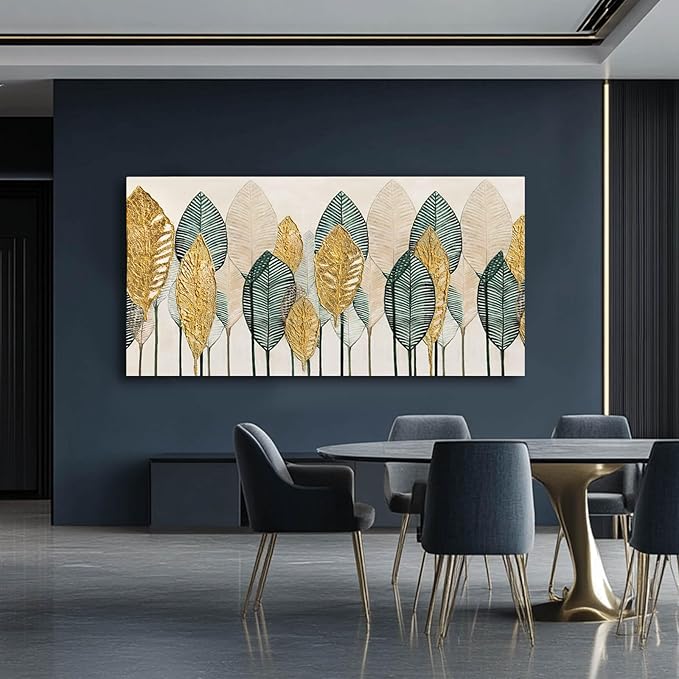 CHUDANHAO Green Canvas Artwork Gold Leaves Painting Beige Art Modern Wall Decor for Office Living Room Neutral Wall Art 29"x58" Print Photos