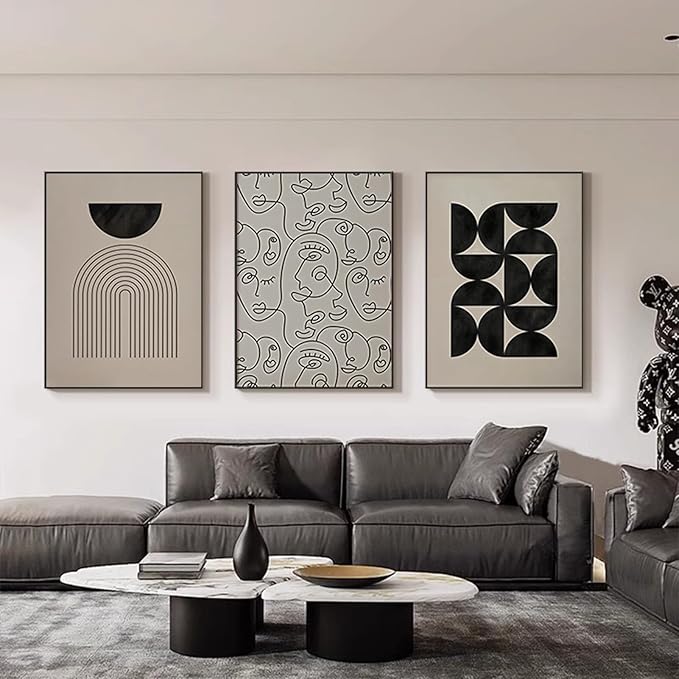 ARTFEB Abstract Framed Boho Black and White Wall Art for Living Room, 3 Piece Black Beige Large Canvas Paintings Prints Artwork, Modern Geometric Pictures for Bedroom Home Office Wall Decor -24"x32"x3