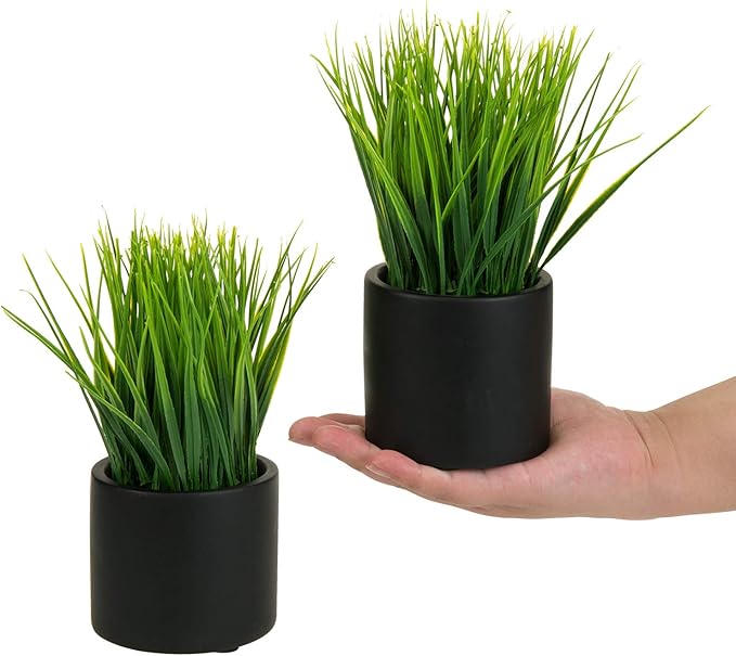 MyGift Tabletop Artificial Grass Plants Decorative Faux Greenery Plant Potted in Modern Cylindrical Black Cement Pots, Set of 2